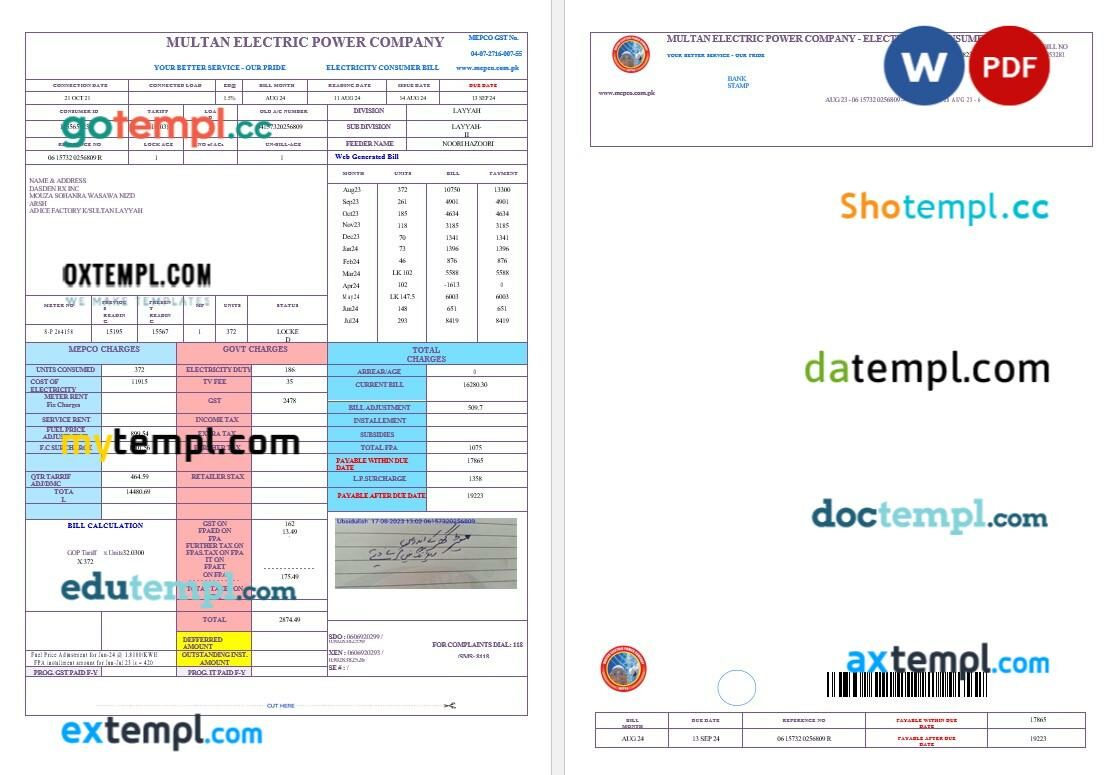PAKISTAN MULTAN ELECTRIC POWER business utility bill Word and PDF template