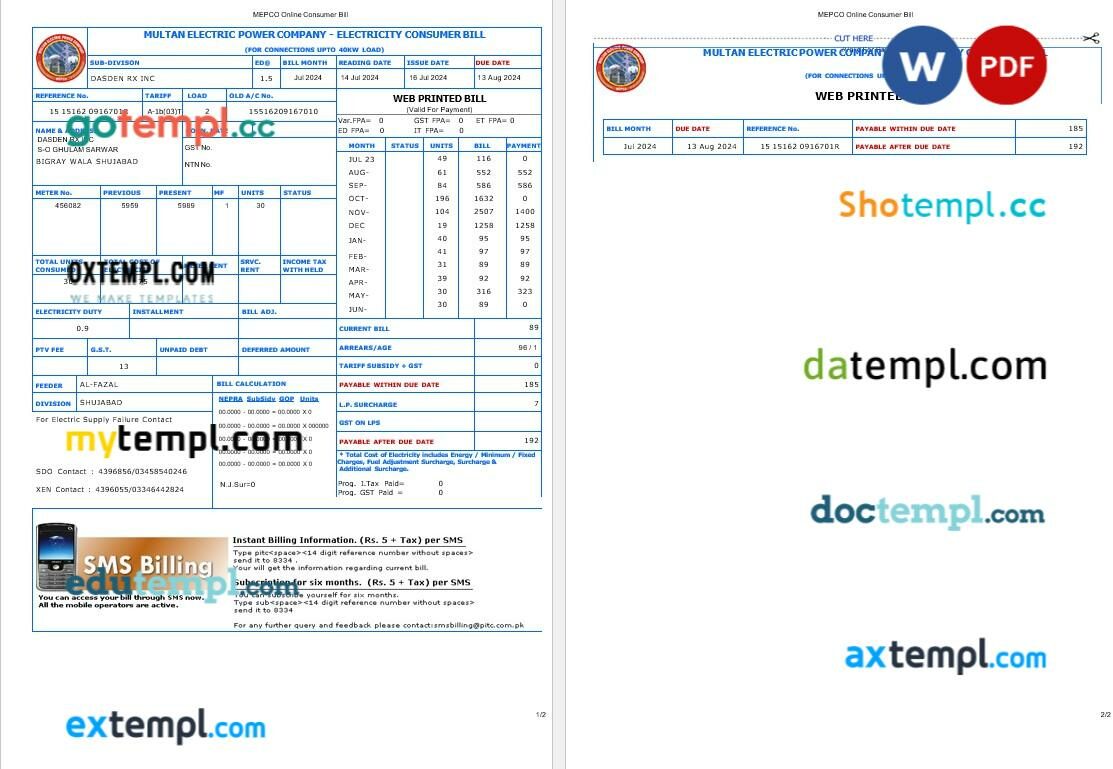 PAKISTAN MULTAN ELECTRIC POWER business utility bill Word and PDF template, version 2