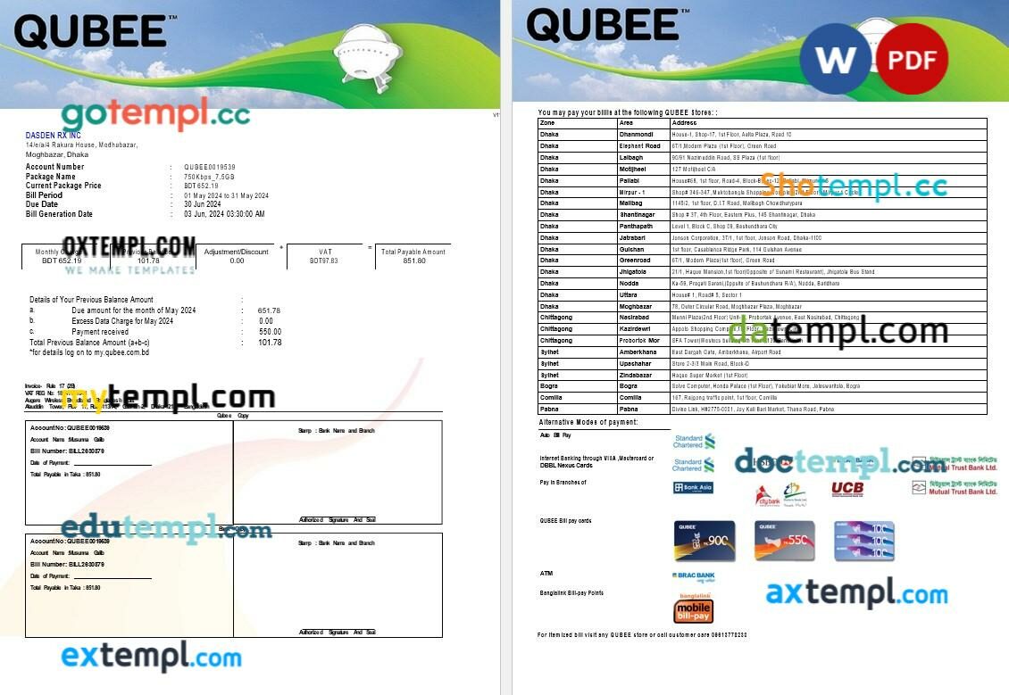 PAKISTAN QUBEE business utility bill Word and PDF template