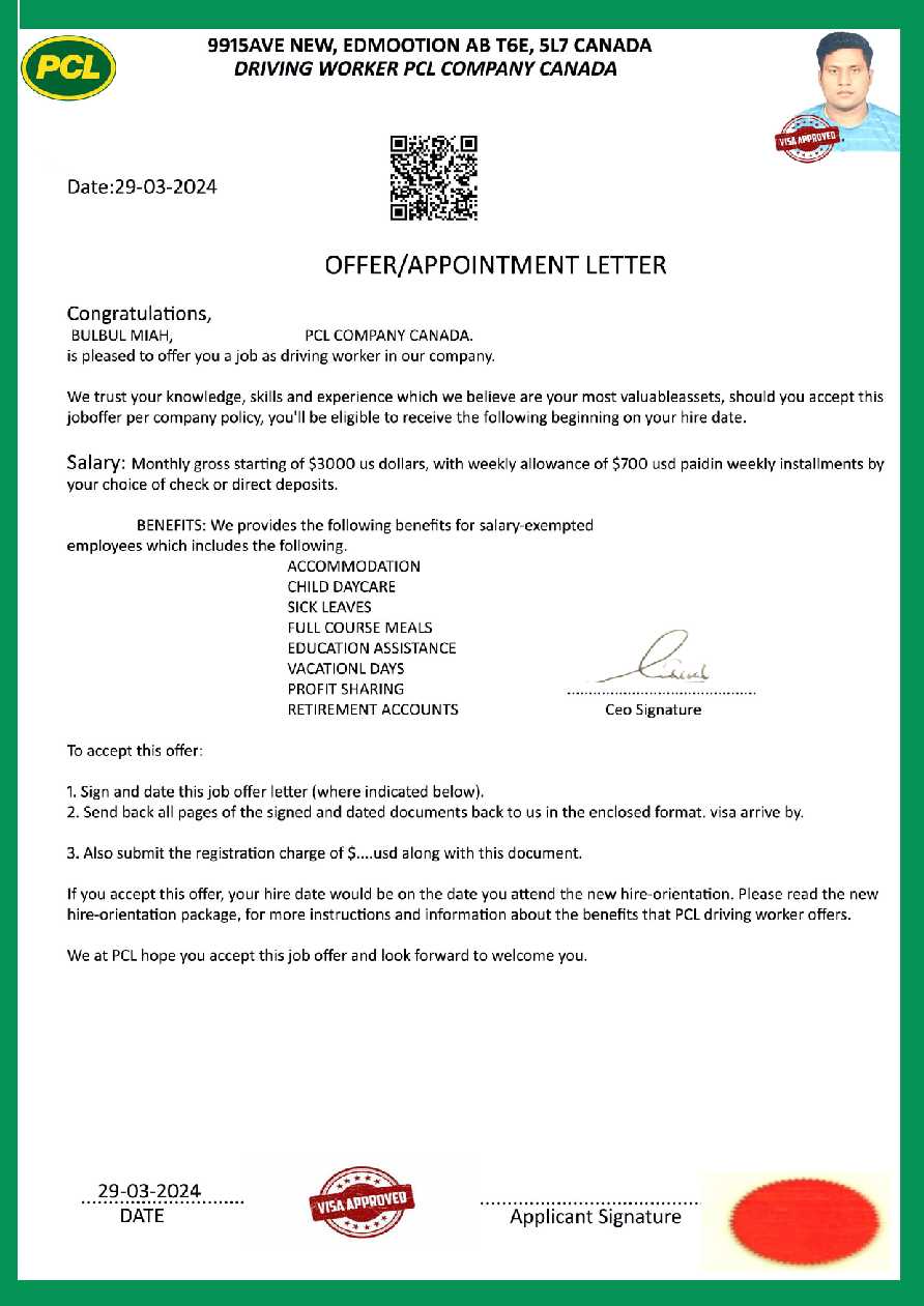 PCL Company Canada job offer letter in Word and Pdf formats