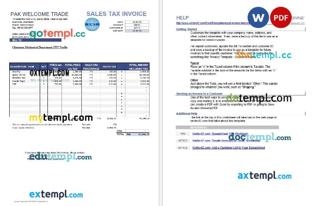 Pakistan Pak Welcome Trade sales tax invoice editable template in Word and PDF formats