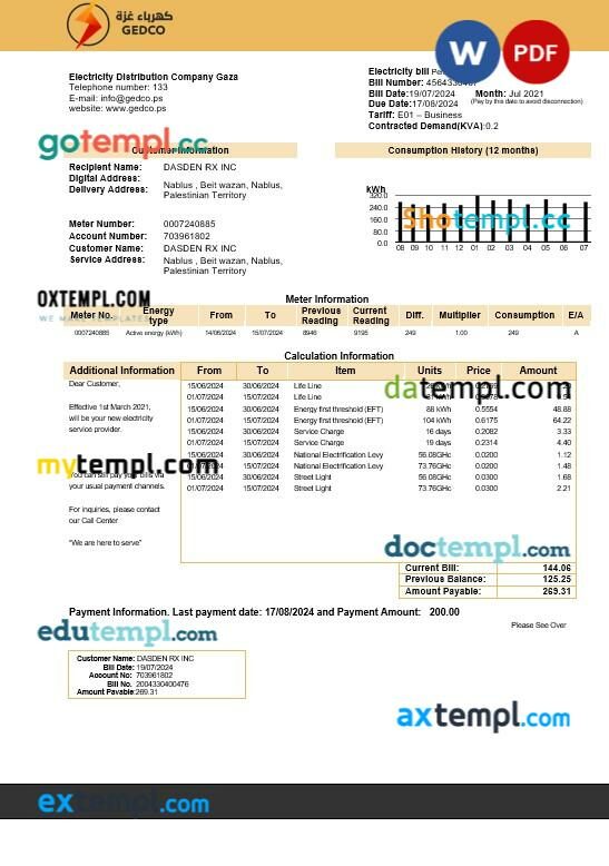 Palestine Electricity Distribution Company Gaza (GEDCO) business utility bill template in Word and PDF formats