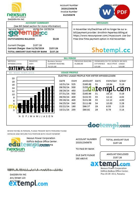 Panama Nexsun Power Corporation electricity business utility bill Word and PDF template