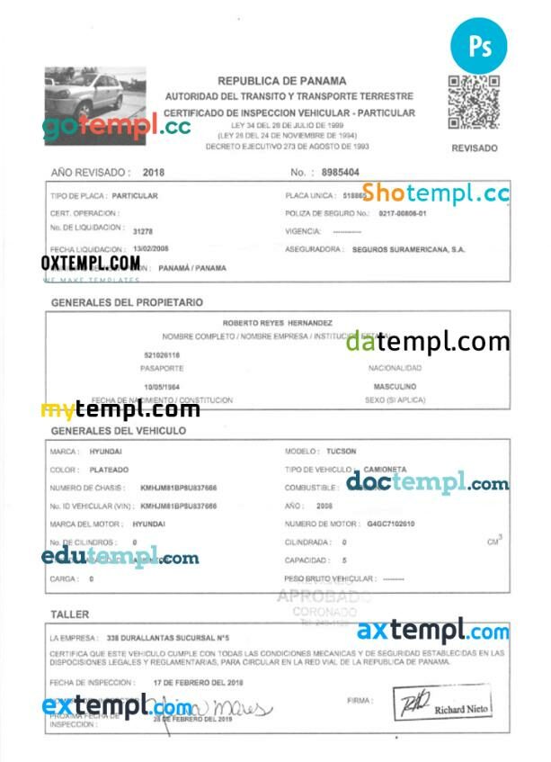 Panama vehicle registration certificate in PSD format