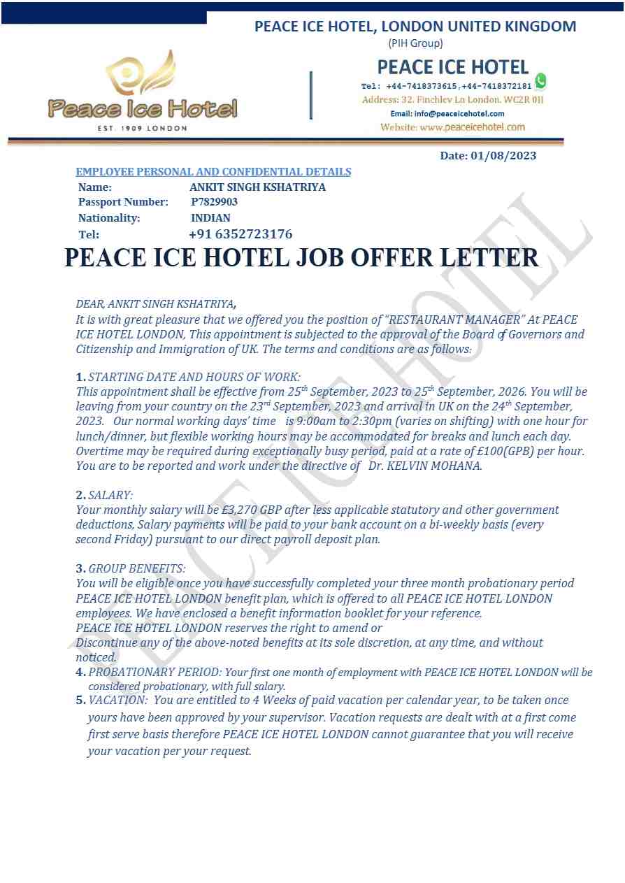 Peace Ice Hotel Restaurant Manager offer letter in Word and Pdf formats