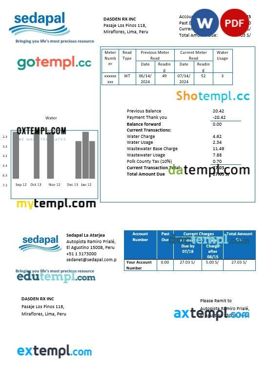 Peru Sedapal La Atarjea water business utility bill template in Word and PDF formats