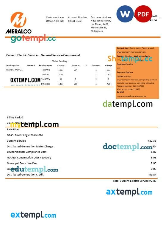 Philippines Manila Electric Company (Meralco) electricity business utility bill Word and PDF template