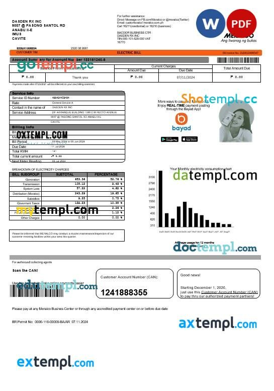 Philippines Meralco electricity business utility bill template in Word and PDF formats