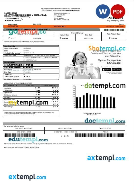 Philippines Meralco electricity business utility bill template in Word and PDF formats, version 2