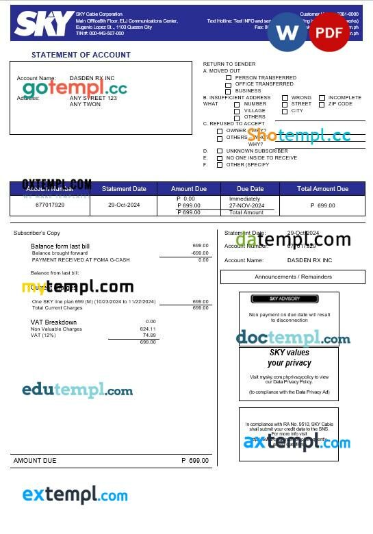 Philippines Sky Cable Corporation business utility bill Word and PDF template (2)