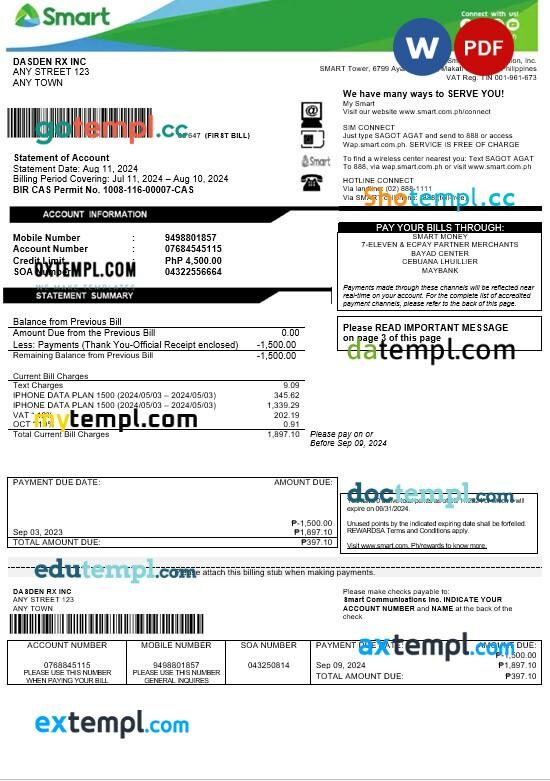 Philippines Smart business utility bill Word and PDF template