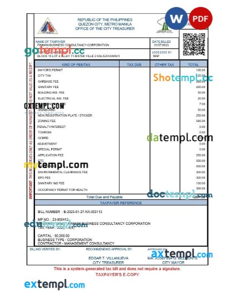 Philippines business tax bill editable template in Word and PDF formats