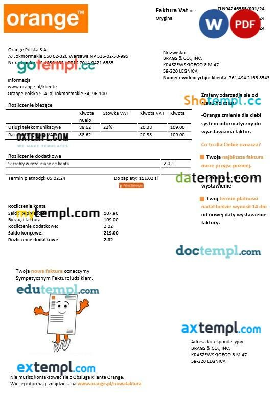 Poland Orange business utility bill template in Word and PDF formats