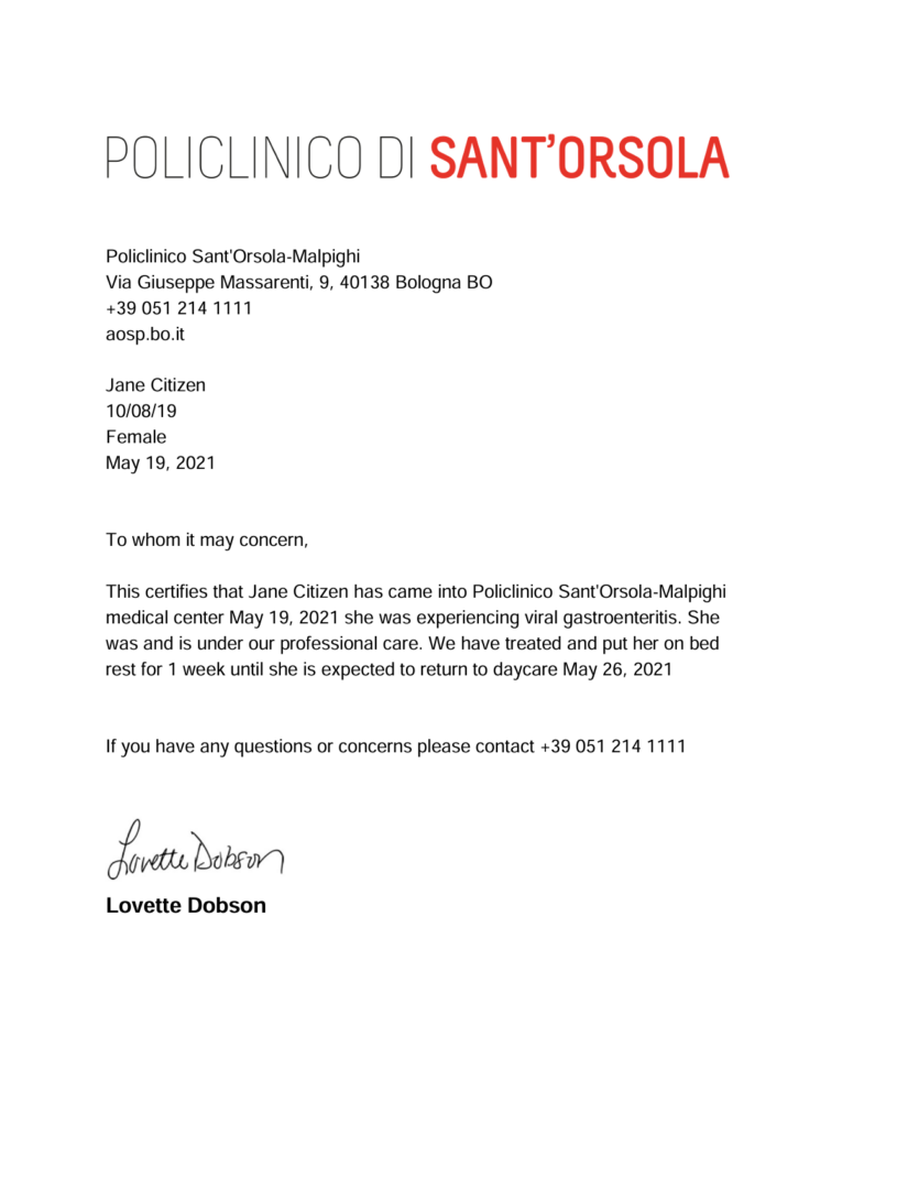 Policlinico Sant’Orsola-Malpighi doctor note template in Word and PDF formats