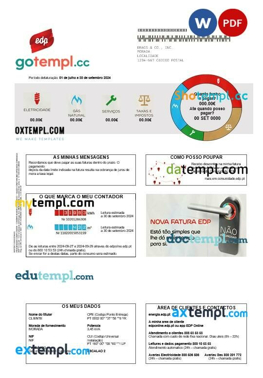 Portugal EDP business utility bill template in Word and PDF formats