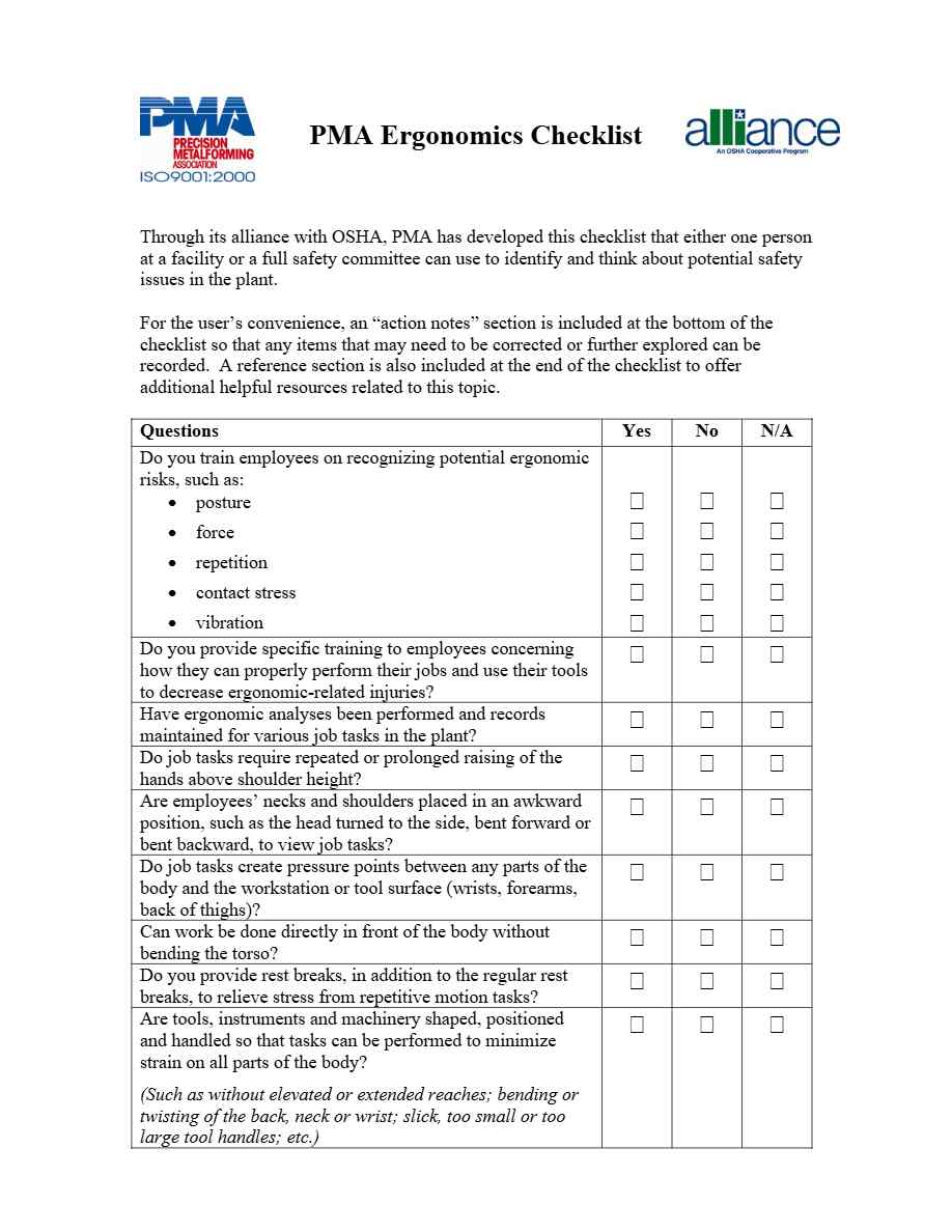 Precision Metalforming Association Ergonomics checklist template in Word and PDF formats, 2 pages