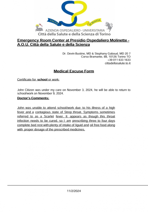 Presidio Ospedaliero Molinette - A.O.U. Città della Salute e della Scienza medical excuse template in Word and PDF formats