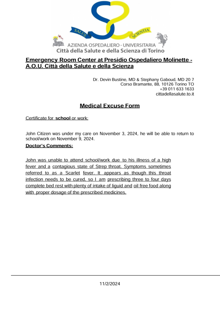 Presidio Ospedaliero Molinette – A.O.U. Città della Salute e della Scienza medical excuse template in Word and PDF formats