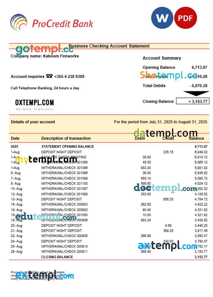 ProcreditBank company checking account statement Word and PDF template