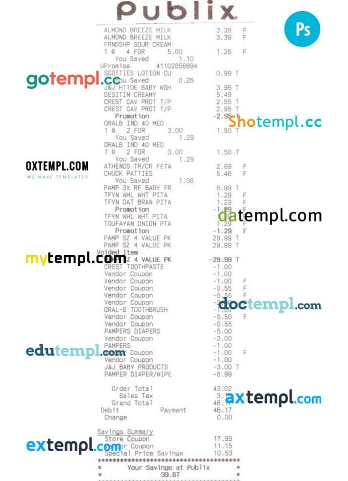 Publix supermarket receipt PSD template