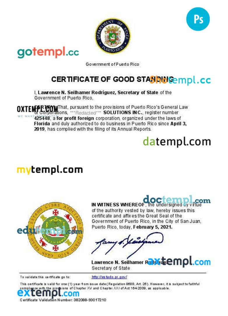 Seychelles certificate of good standing PSD template for a company