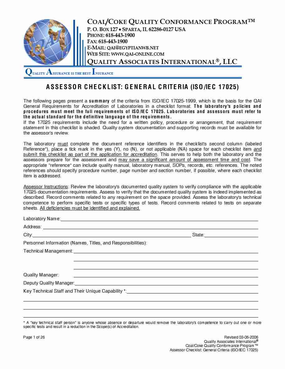 Quality Associates International LLC Assessor checklist template in Word and PDF formats, 26 pages