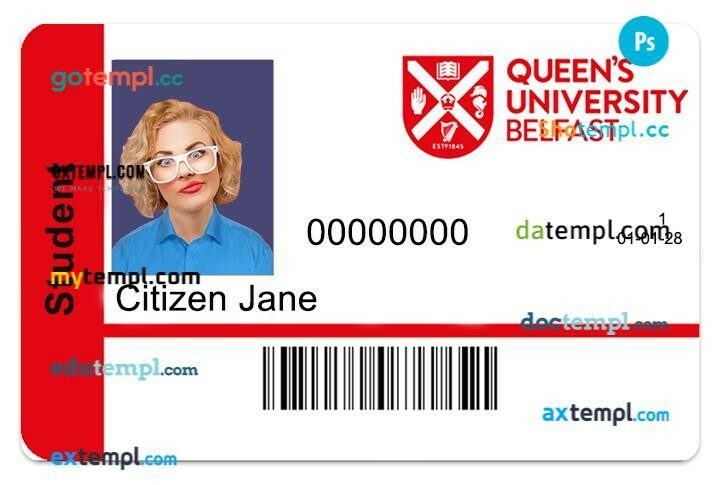 Queen’s University Belfast student ID template in PSD format