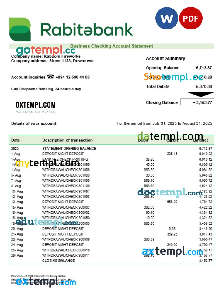 Rabitabank business firm statement Word and PDF format