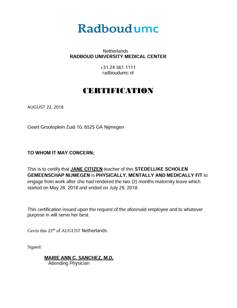 Radboud University Medical Center certification template in Word and PDF formats