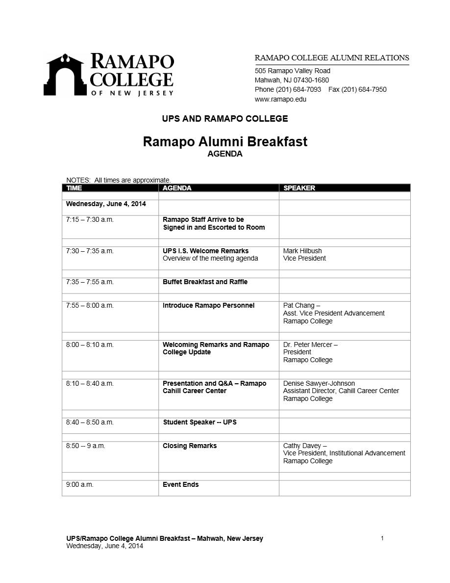 Ramapo College of New Jersey agenda template in Word and PDF formats