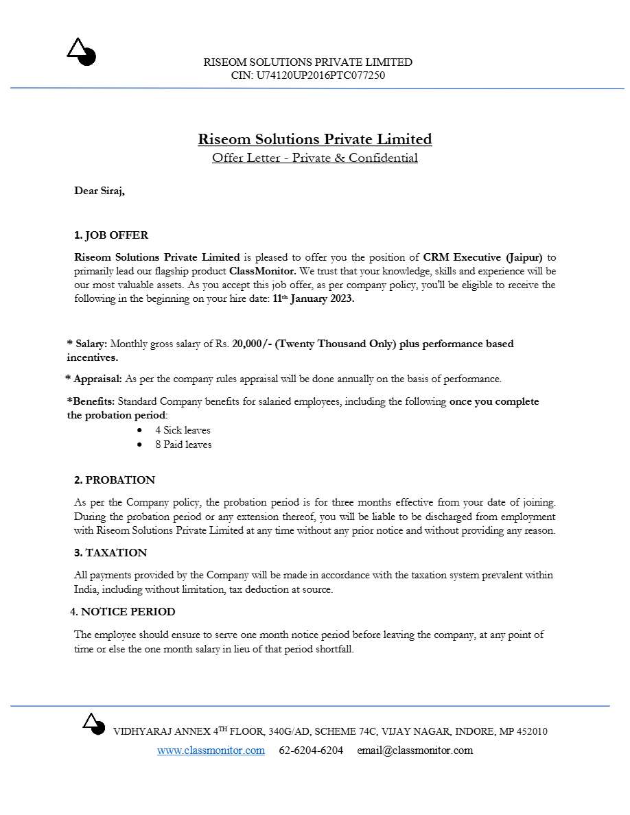 Riseom Solutions Pvt. Ltd. CRM Executive offer letter in Word and Pdf formats