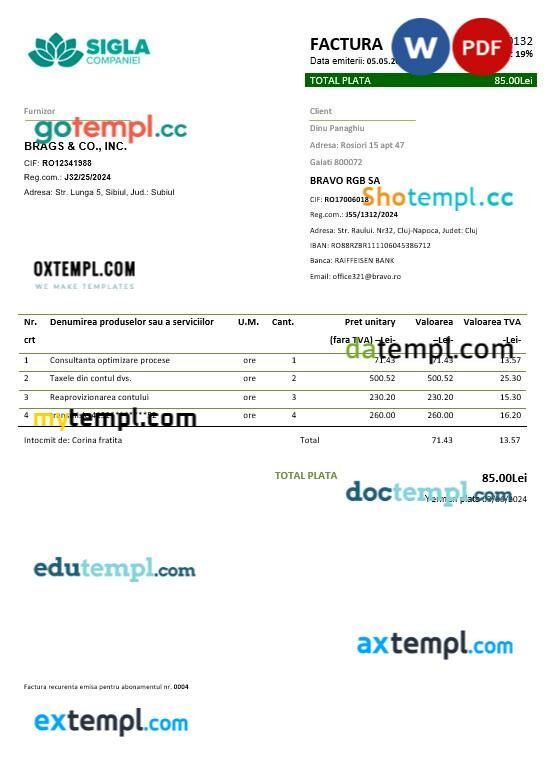 Romania SIGLA COMPANIEI business utility bill template in Word and PDF formats