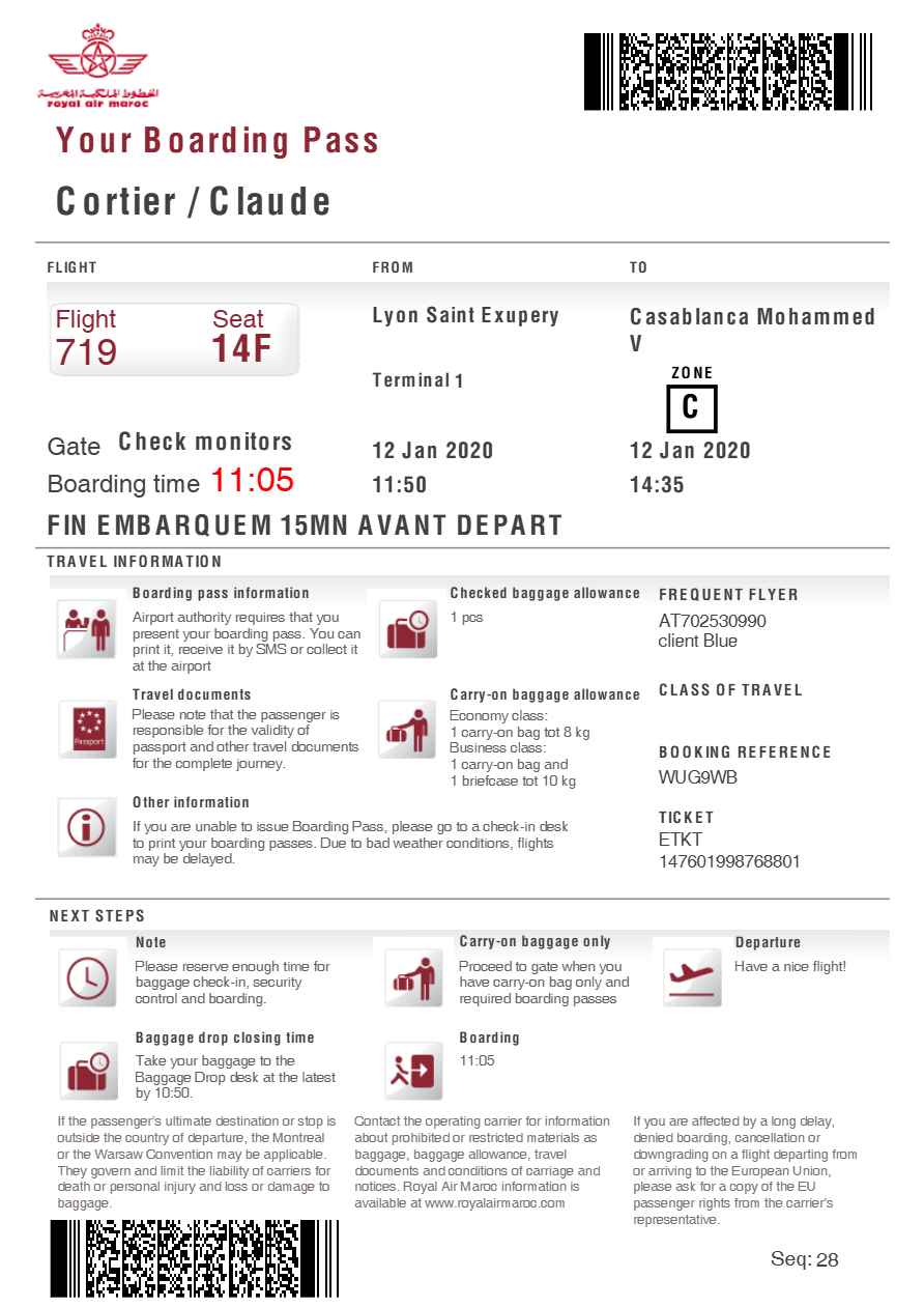 Royal Air Maroc boarding pass in Word and PDF formats