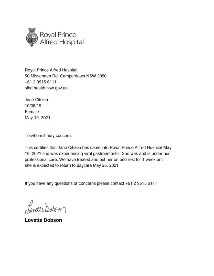 Royal Prince Alfred Hospital doctor note template in Word and PDF formats