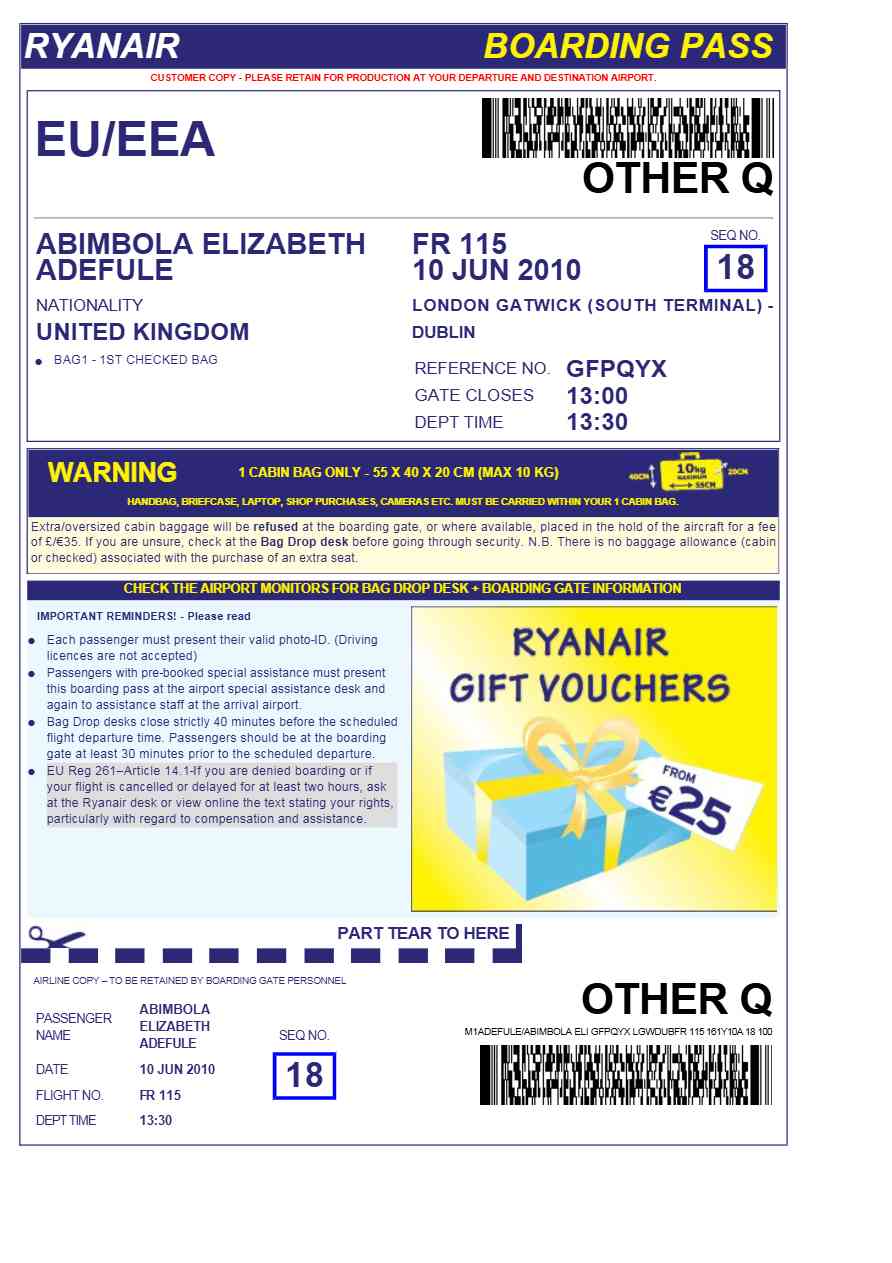 Ryanair boarding pass in Word and PDF formats, version 1