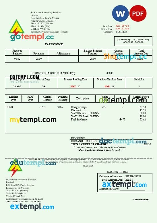 Saint Vincent and the Grenadines St. Vincent Electricity Services Limited busienss utility bill Word and PDF template