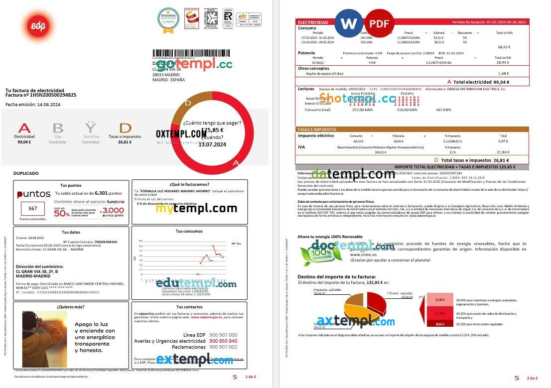 SPAIN EDP business utility bill template, version 2