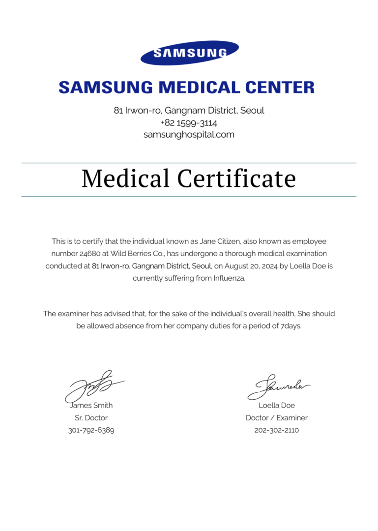 Samsung Medical Center medical certificate template in Word and PDF formats