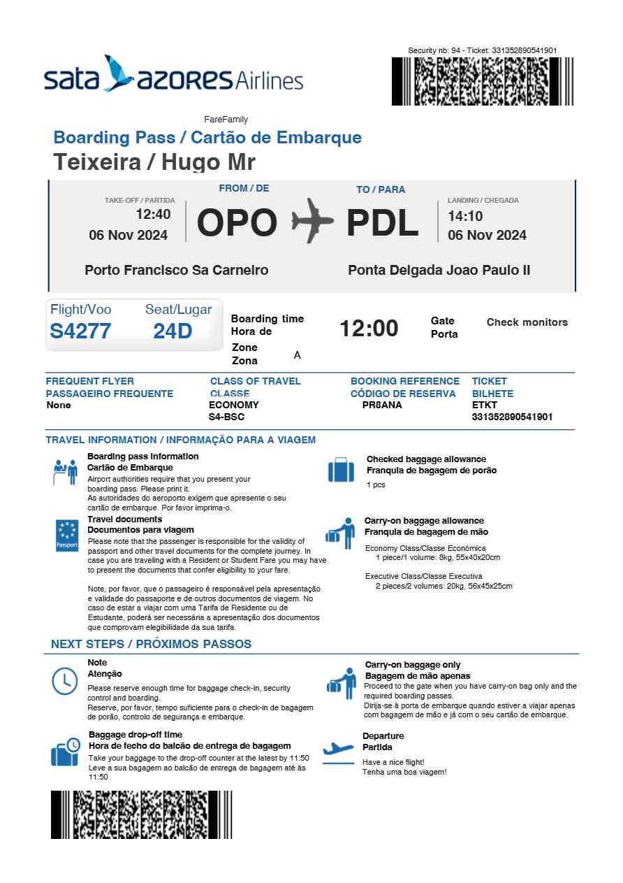 Sata Azores Airlines boarding pass in Word and PDF formats