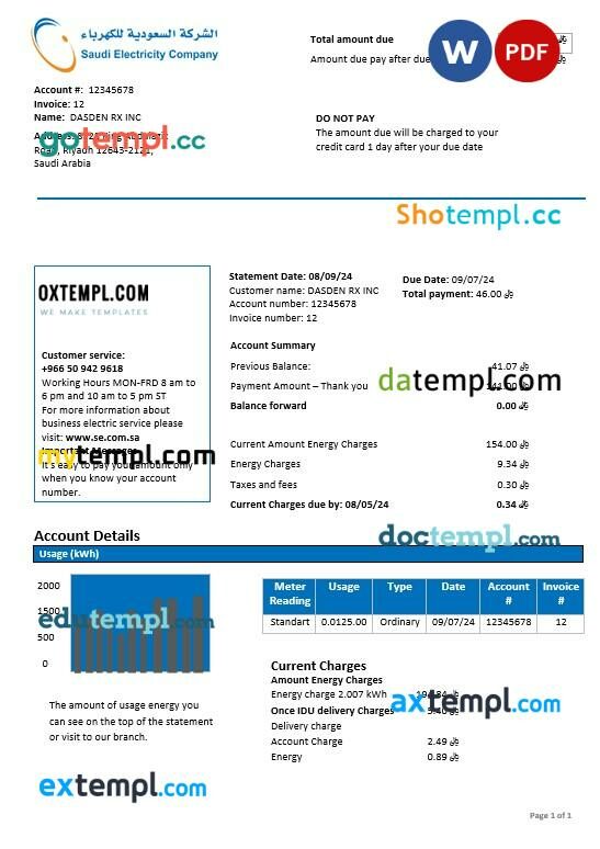 Saudi Arabia Saudi Electricity Company electricity business utility bill template in Word and PDF formats