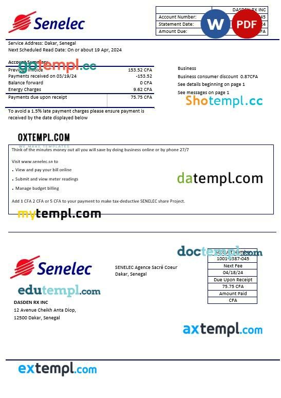 Senegal Senelec Agence Sacré Coeur Company electricity business utility bill template in Word and PDF formats