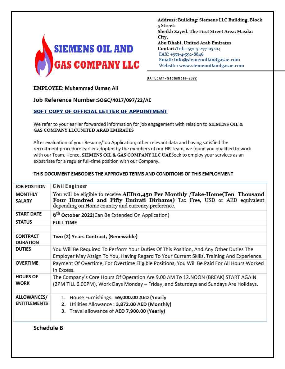 Siemens Oil and Gas LLC Civil Engineer offer letter in Word and Pdf formats