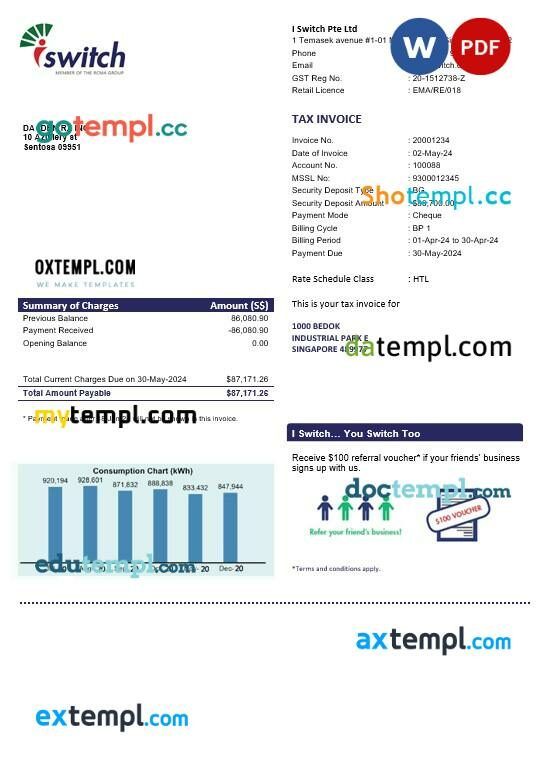 Singapore I Switch electricity business utility bill template in Word and PDF formats