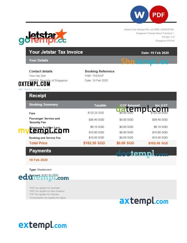 Singapore Jetstar tax invoice editable template in Word and PDF formats