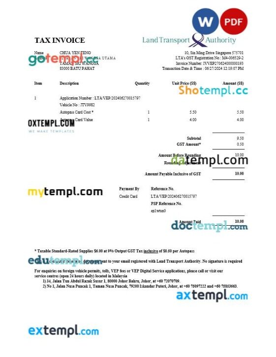 Singapore Land Transport Authority tax invoice editable template in Word and PDF formats, version 2