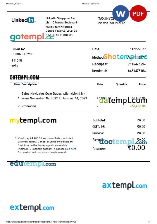 Singapore LinkedIn tax invoice editable template in Word and PDF formats