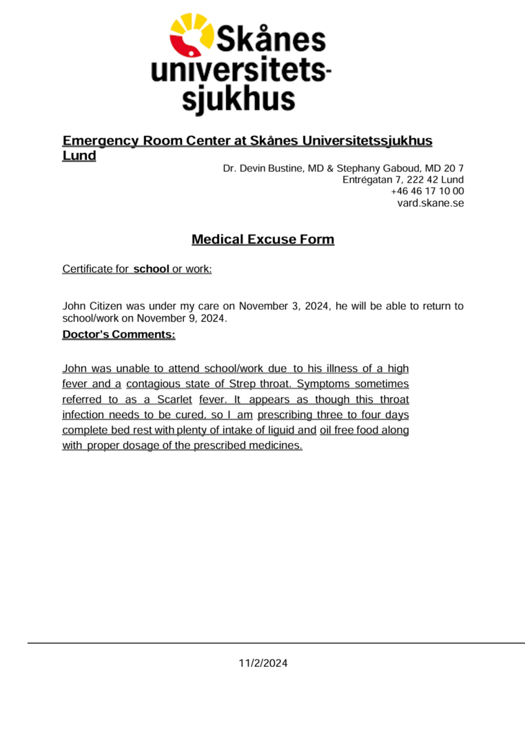 Skånes Universitetssjukhus Lund medical excuse template in Word and PDF formats