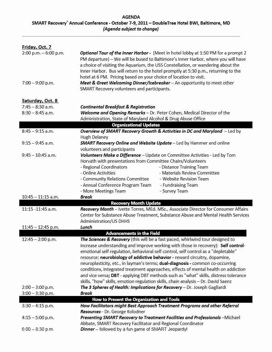 Smart Recovery Annual Conference agenda template in Word and PDF formats