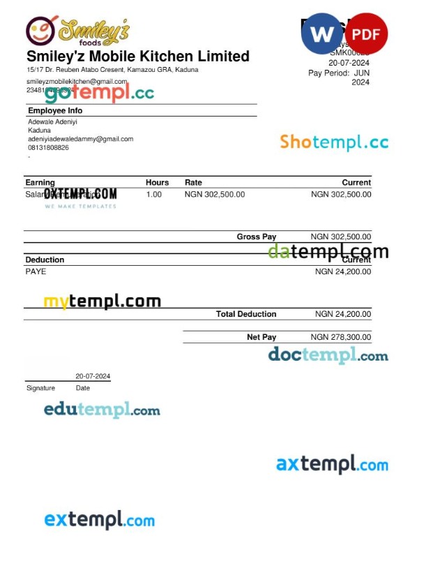 Smiley’z Mobile Kitchen payslip template in Word and PDF formats