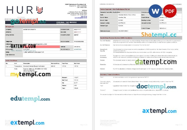 South Africa Johannesburg HURU Technologies tax invoice editable template in Word and PDF formats